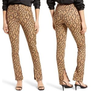 NEW WE WORE WHAT Stiletto High Waist Split Hem Leopard Skinny Jeans In brown